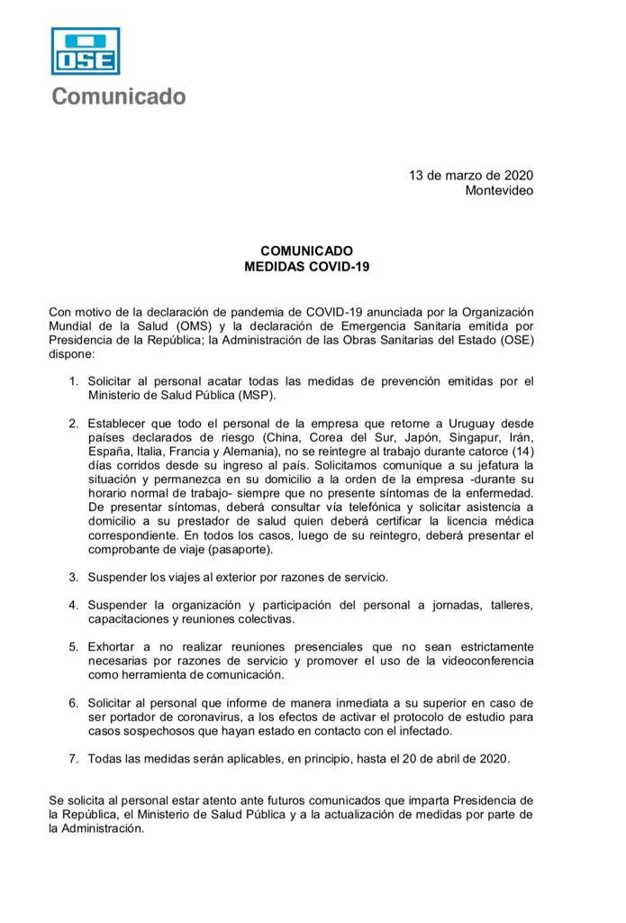 Comunicado medidas Covid-19 (OSE)